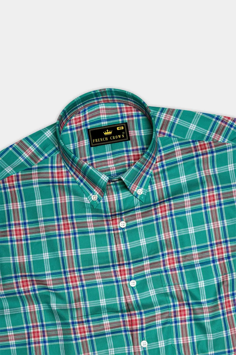 Cranivo-Eif Green And Cranberry Pink Plaid Twill Premium Cotton Semi Formal Shirt 5