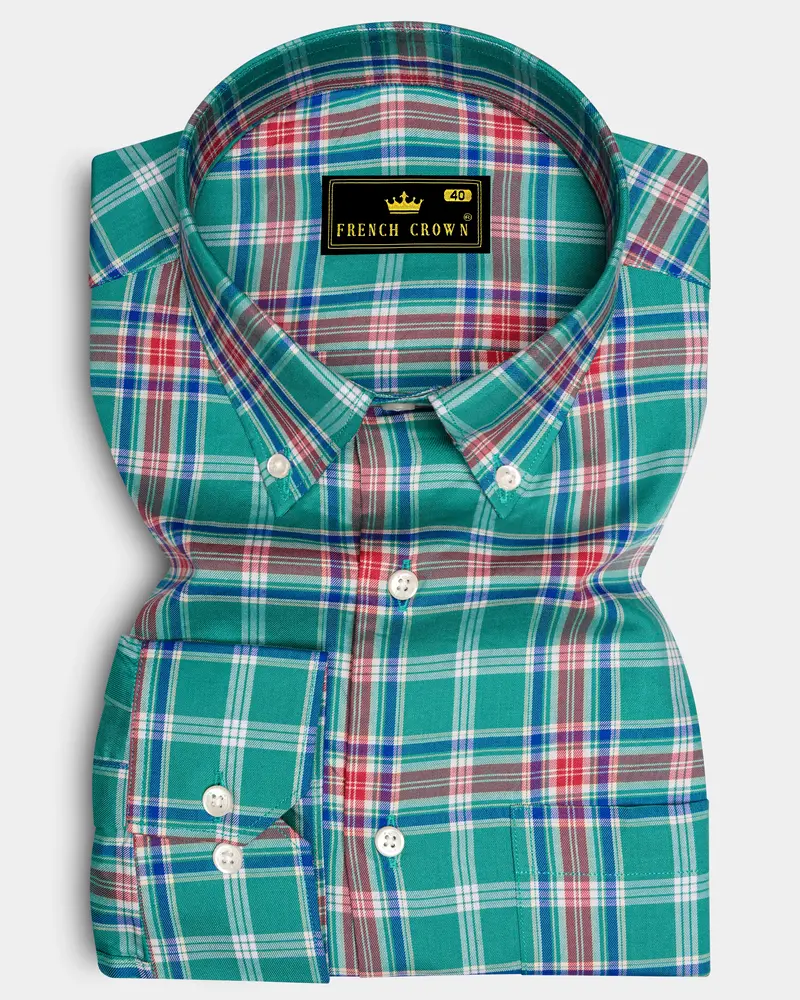 Cranivo-Eif Green And Cranberry Pink Plaid Twill Premium Cotton Semi Formal Shirt 6