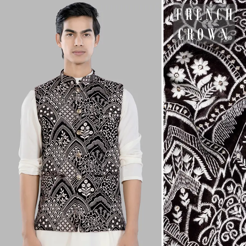 Crater Brown And White Floral Thread Embroidered Designer Nehru Jacket 1