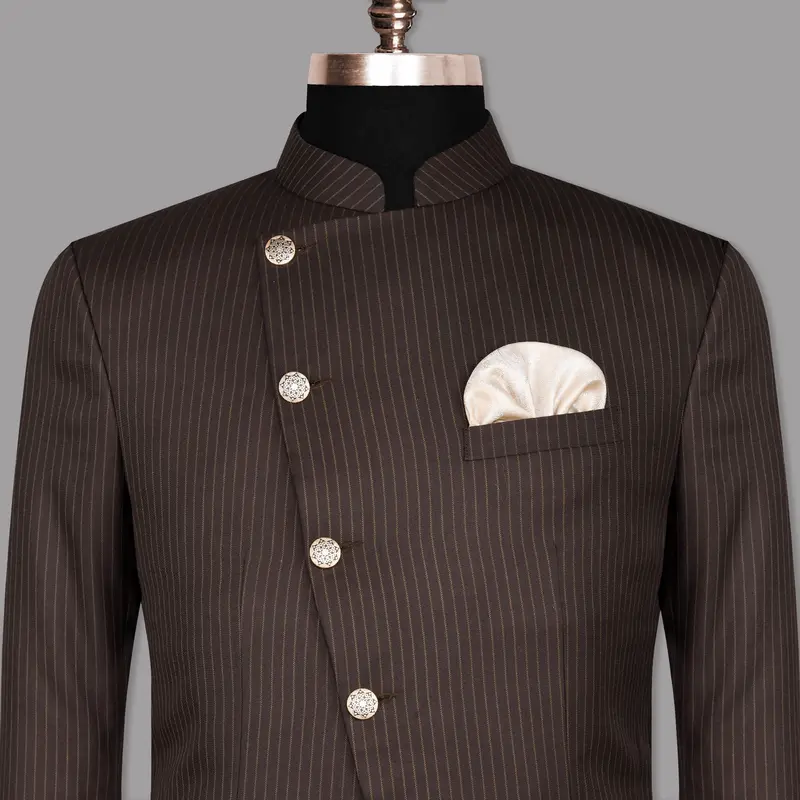 Crater Brown Striped Cross Placket Bandhgala/Mandarin Blazer 1