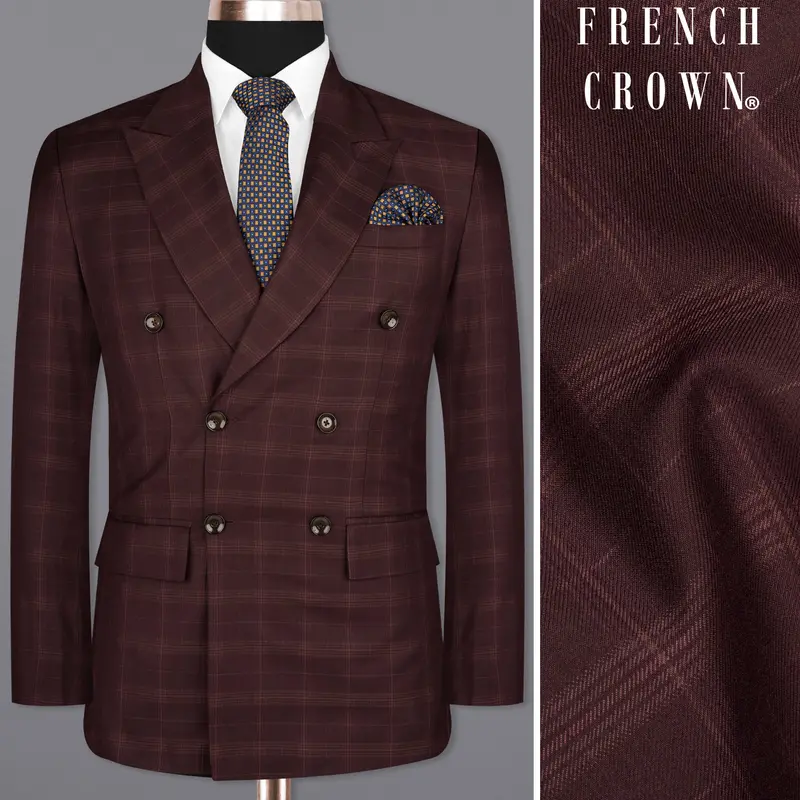 Crater Brown Super Fine Plaid Double Breasted Wool Rich Blazer 1