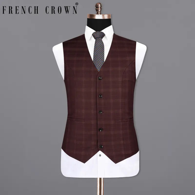 Crater Brown Super Fine Plaid Wool Rich Waistcoat 1