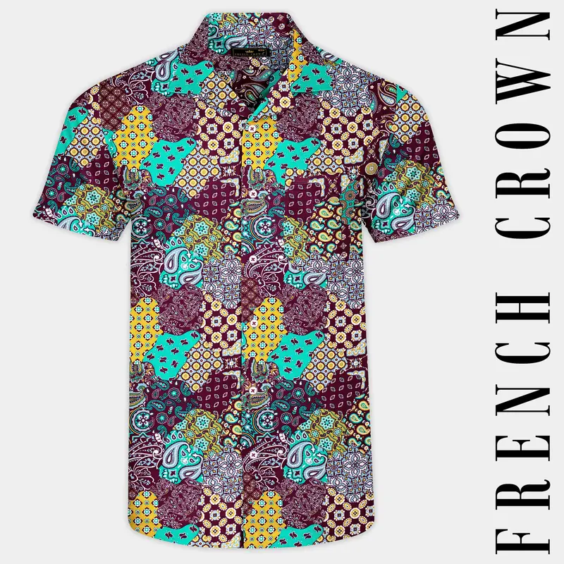 Crater Brown With Yellowy Brown And Persian Green Printed Soft Tencel Shirt 1