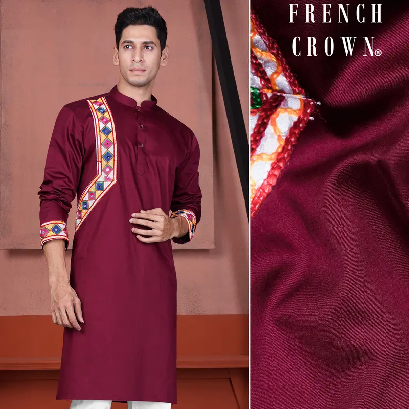 Crater Maroon Kutch Work Patches With Mirror Work Subtle Sheen Super Soft Premium Cotton Designer Kurta 1