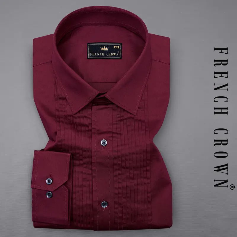 Crater Maroon Subtle Sheen Snake Pleated Super Soft Premium Cotton Tuxedo Shirt 1