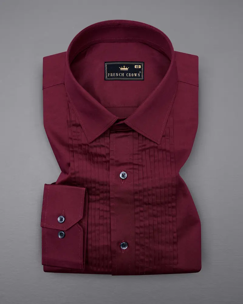 Crater Maroon Subtle Sheen Snake Pleated Super Soft Premium Cotton Tuxedo Shirt 2