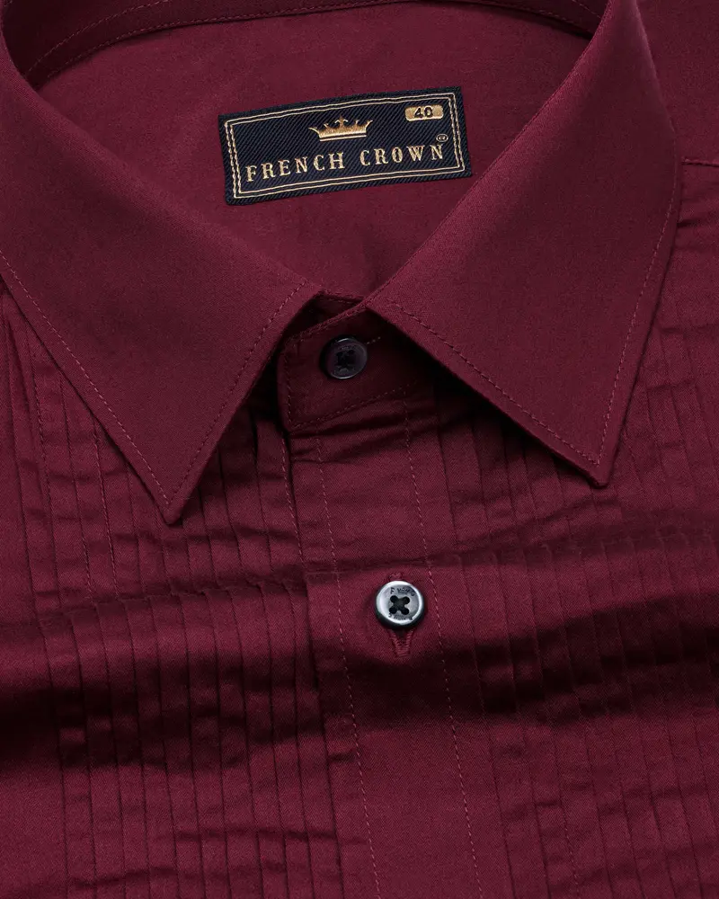 Crater Maroon Subtle Sheen Snake Pleated Super Soft Premium Cotton Tuxedo Shirt 4