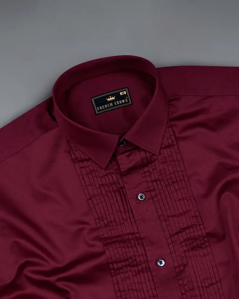Crater Maroon Subtle Sheen Snake Pleated Super Soft Premium Cotton Tuxedo Shirt 5