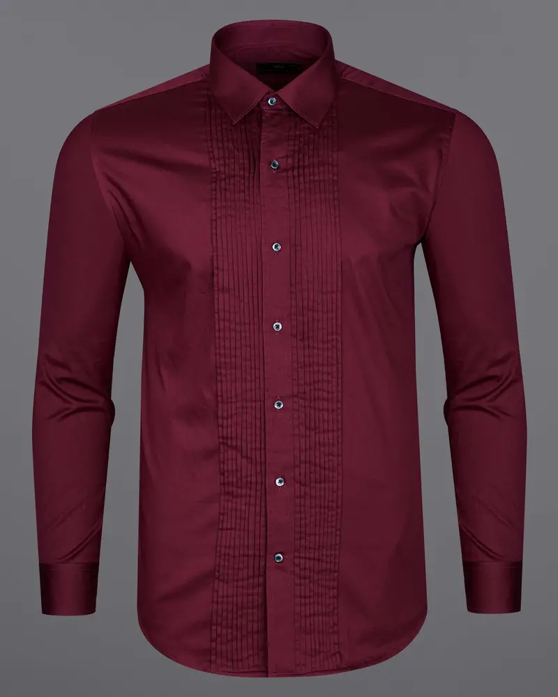 Crater Maroon Subtle Sheen Snake Pleated Super Soft Premium Cotton Tuxedo Shirt 6