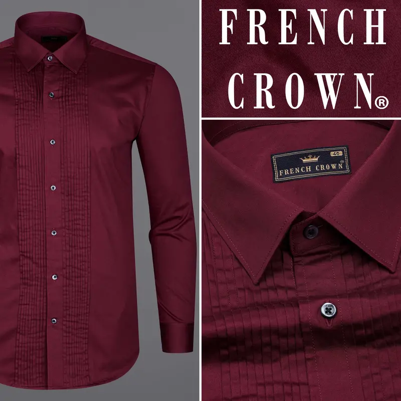 Crater Maroon Subtle Sheen Snake Pleated Super Soft Premium Cotton Tuxedo Shirt 9