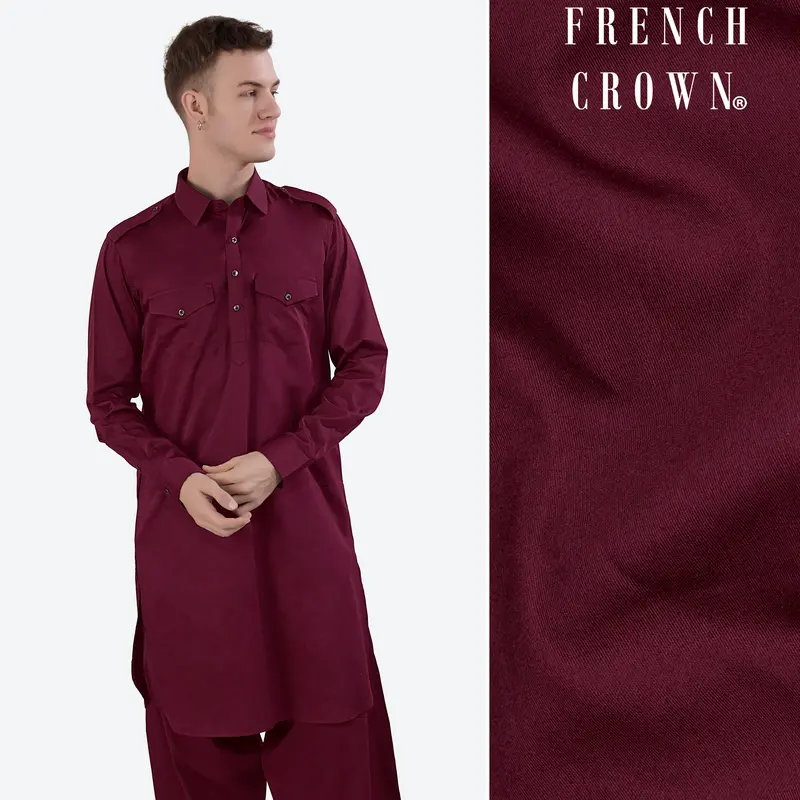 Crater Maroon Subtle Sheen Super Soft Premium Cotton Pathani Kurta 1