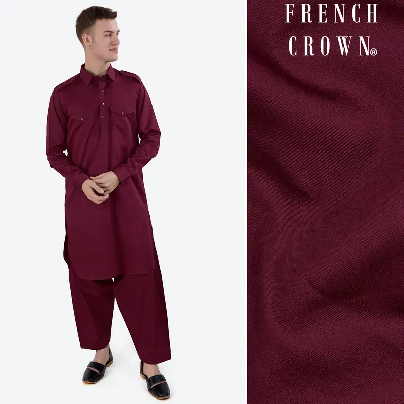 Crater Maroon Subtle Sheen Super Soft Premium Cotton Pathani Set 1