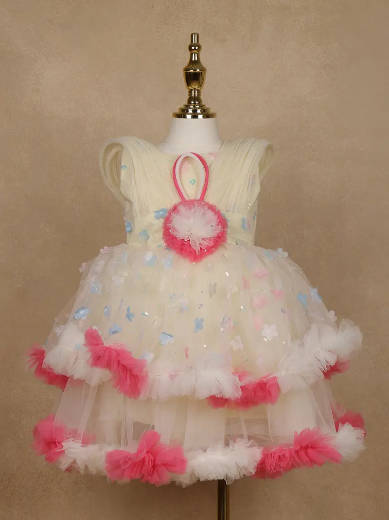 Cream 3D Floral Layered Party Net Frock With Pink Ruffle Accents 1