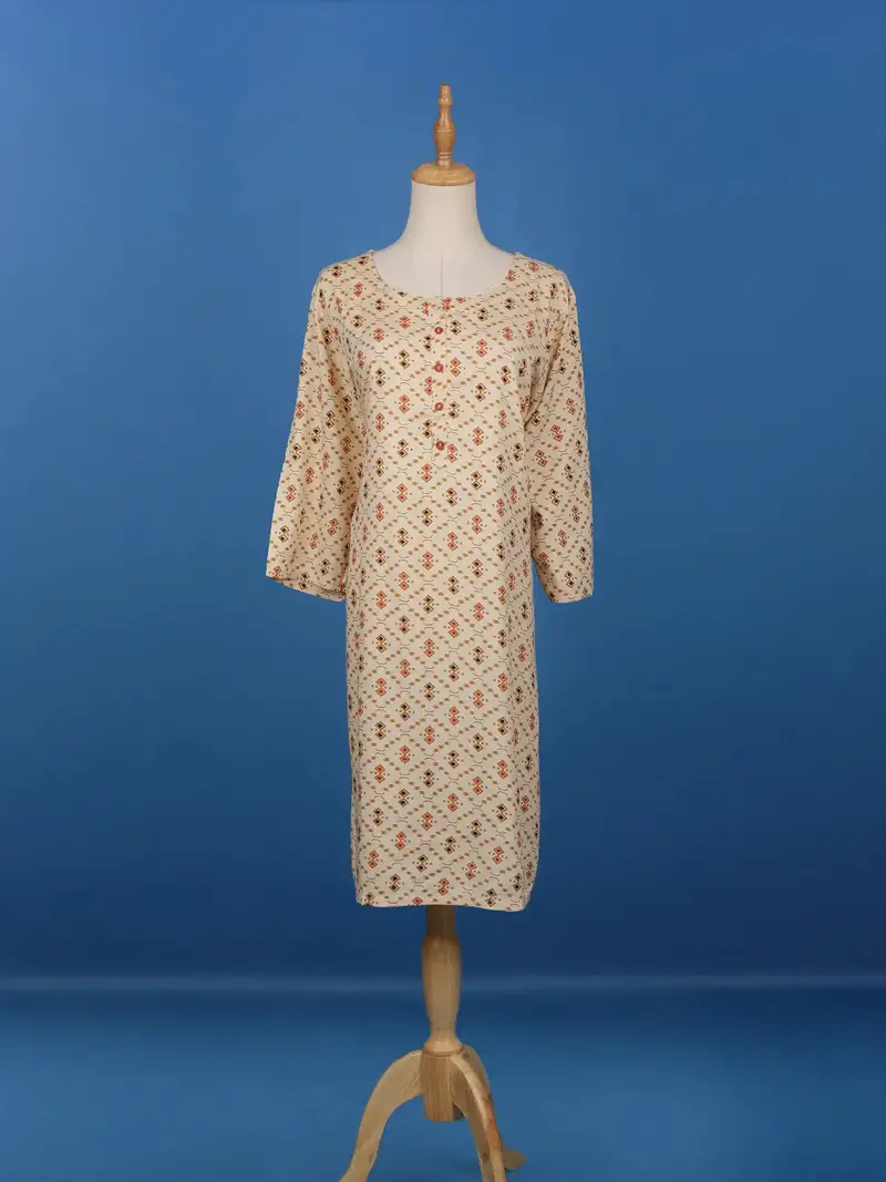 Cream Abstract Designed Casual Cotton Kurti 1
