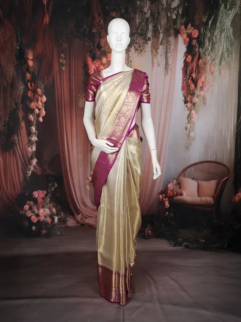 Cream Abstract Woven Design Pure Kanchipuram Silk Saree With Purple Zari Woven Border 1