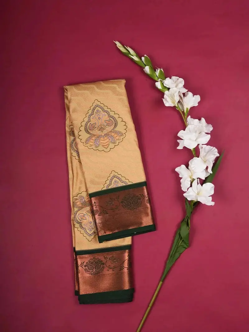 Cream Art Silk Saree With Flower Jacquard Designs On The Body With Contrast Zari Border 1
