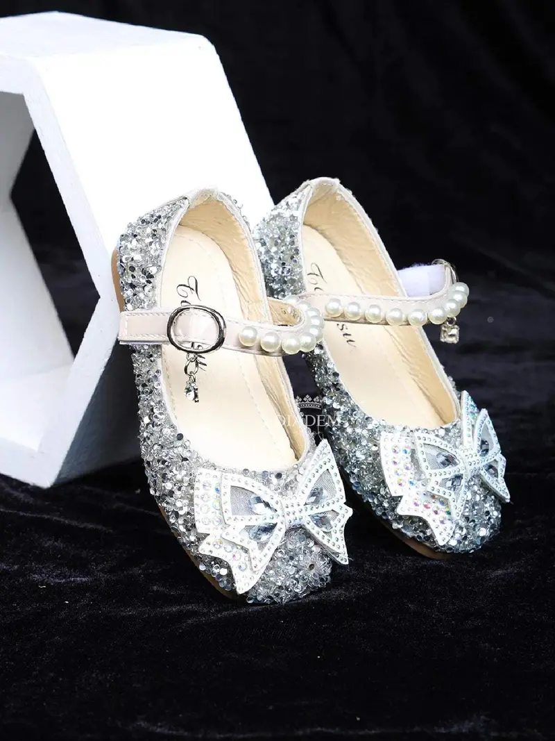 Cream Ballerinas Adorned With Stone Work And A 3D Butterfly For Girls 1