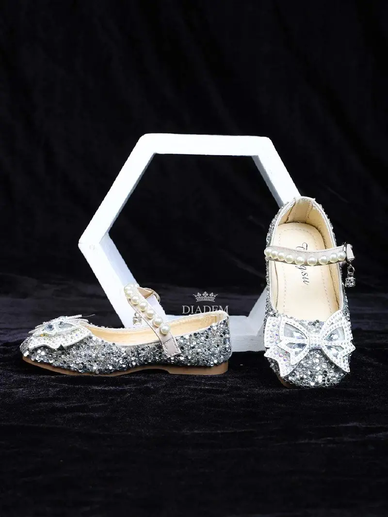 Cream Ballerinas Adorned With Stone Work And A 3D Butterfly For Girls 2
