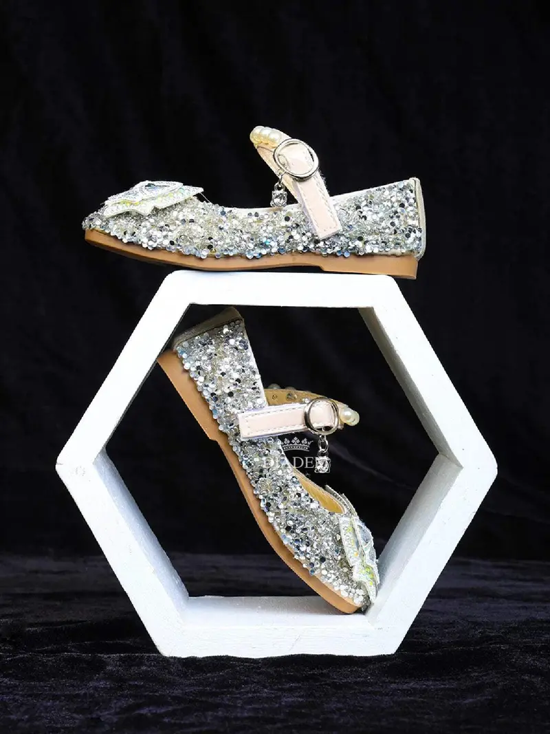 Cream Ballerinas Adorned With Stone Work And A 3D Butterfly For Girls 3