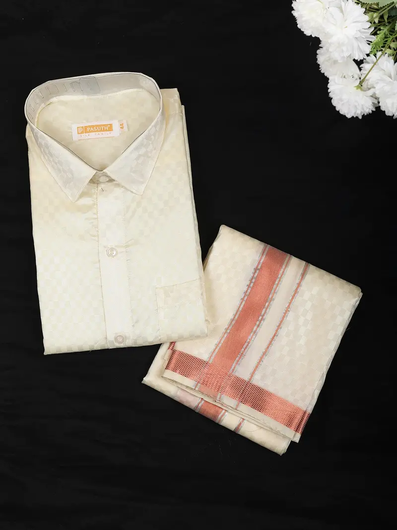 Cream Checked Woven Silk Shirt With Matching Dhoti Featuring Copper And Silver Zari Border 1