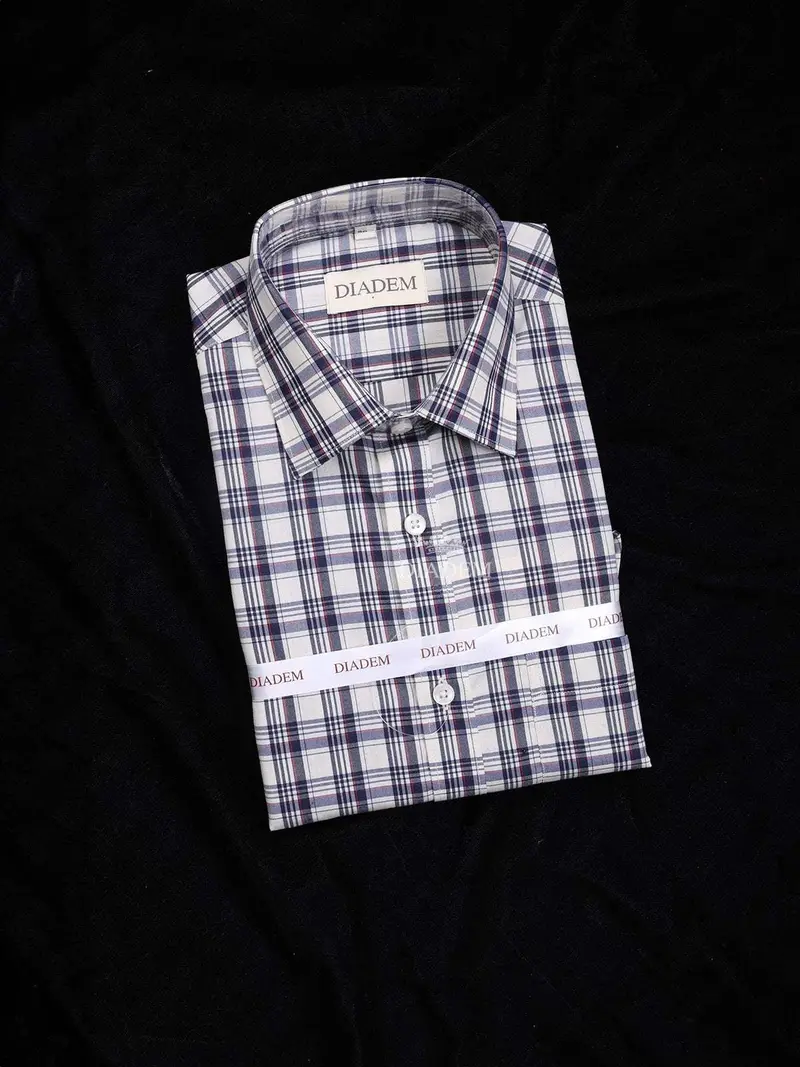Cream Cotton Formal Shirt With Stripes And Checked Design 1