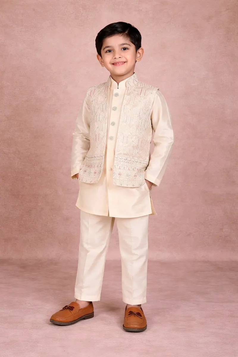Cream Embroidered Silk Kids Sherwani Set 1