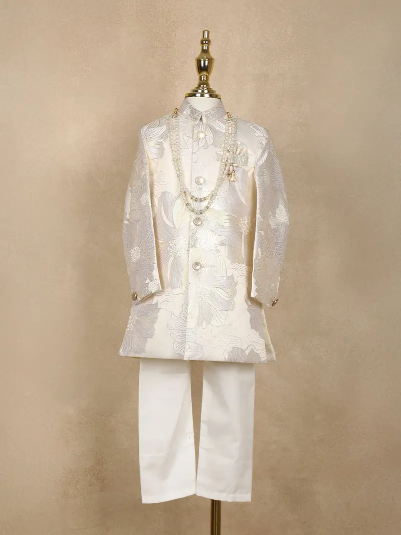 Cream Floral Brocade Kids Semi Silk Sherwani Set With White Pants 1
