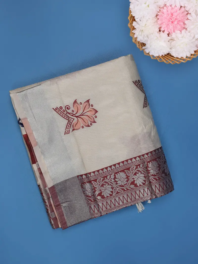 Cream Floral Butta Woven Art Silk Saree With Contrast Zari Border 1