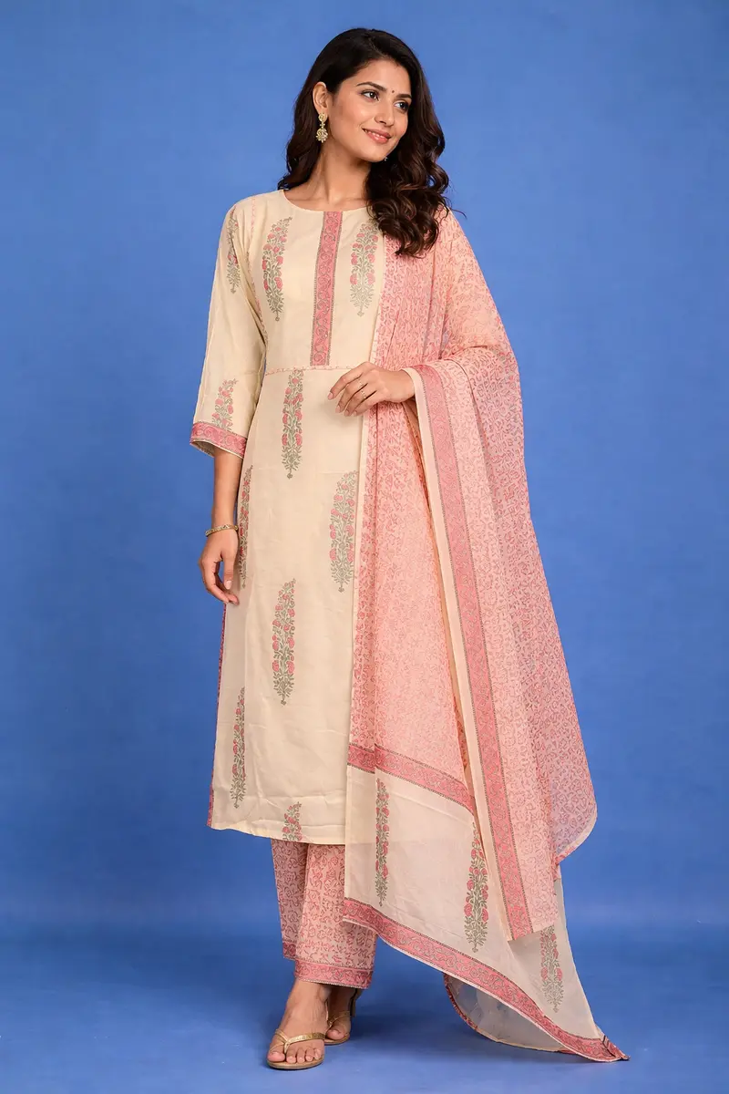Cream Floral Design Printed Cotton Salwar Suit 1