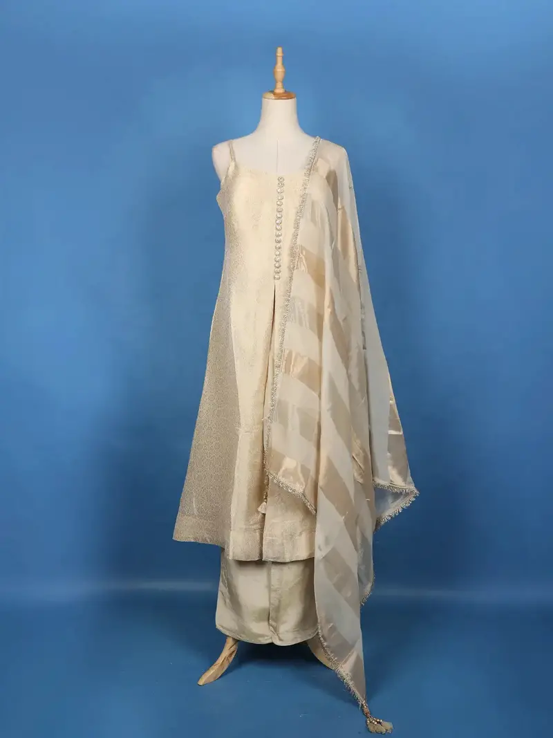 Cream Floral Design Woven Banarasi Silk Salwar Suit 1