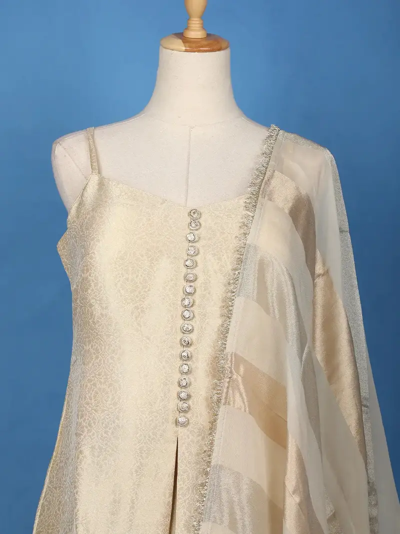 Cream Floral Design Woven Banarasi Silk Salwar Suit 2