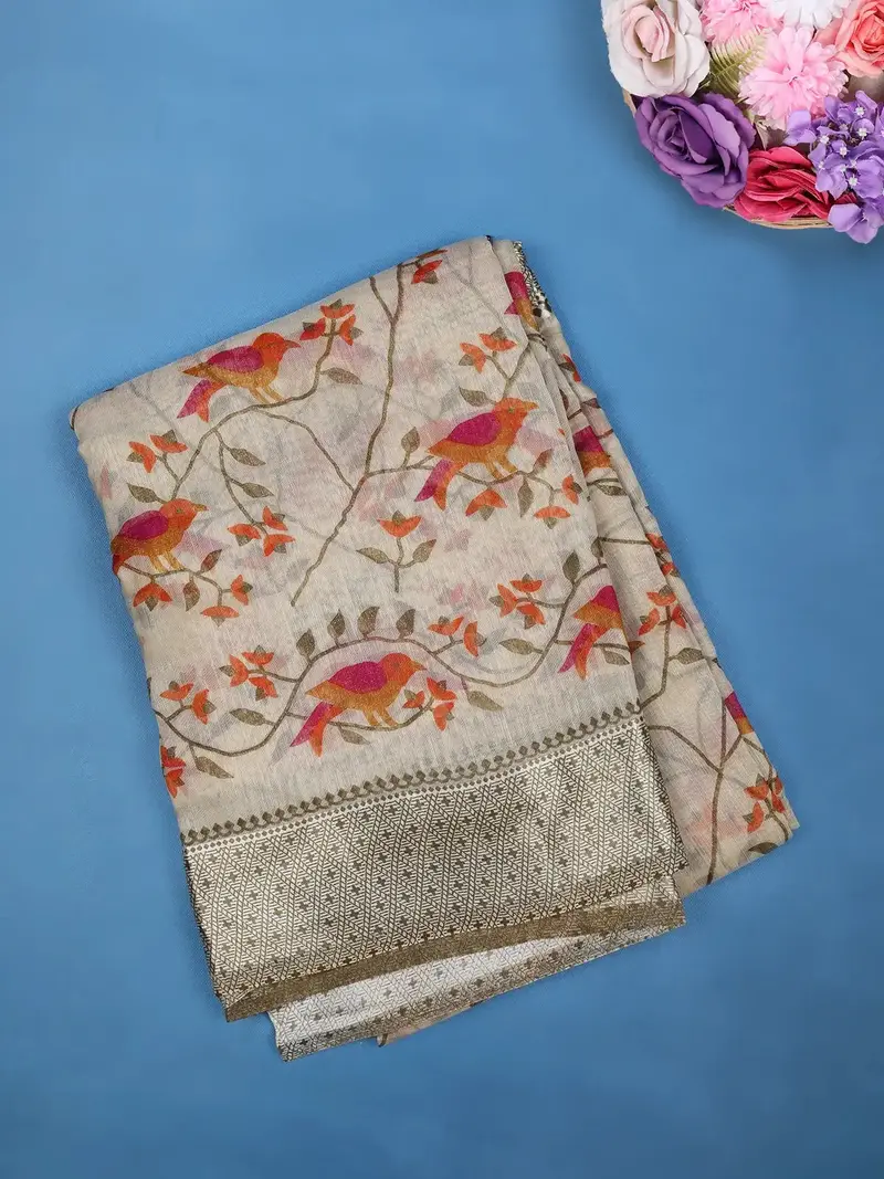 Cream Floral Designed Fancy Cotton Saree 1