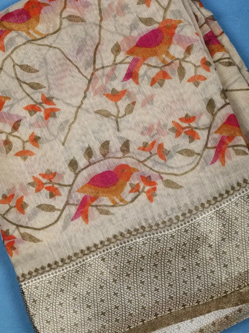 Cream Floral Designed Fancy Cotton Saree 2