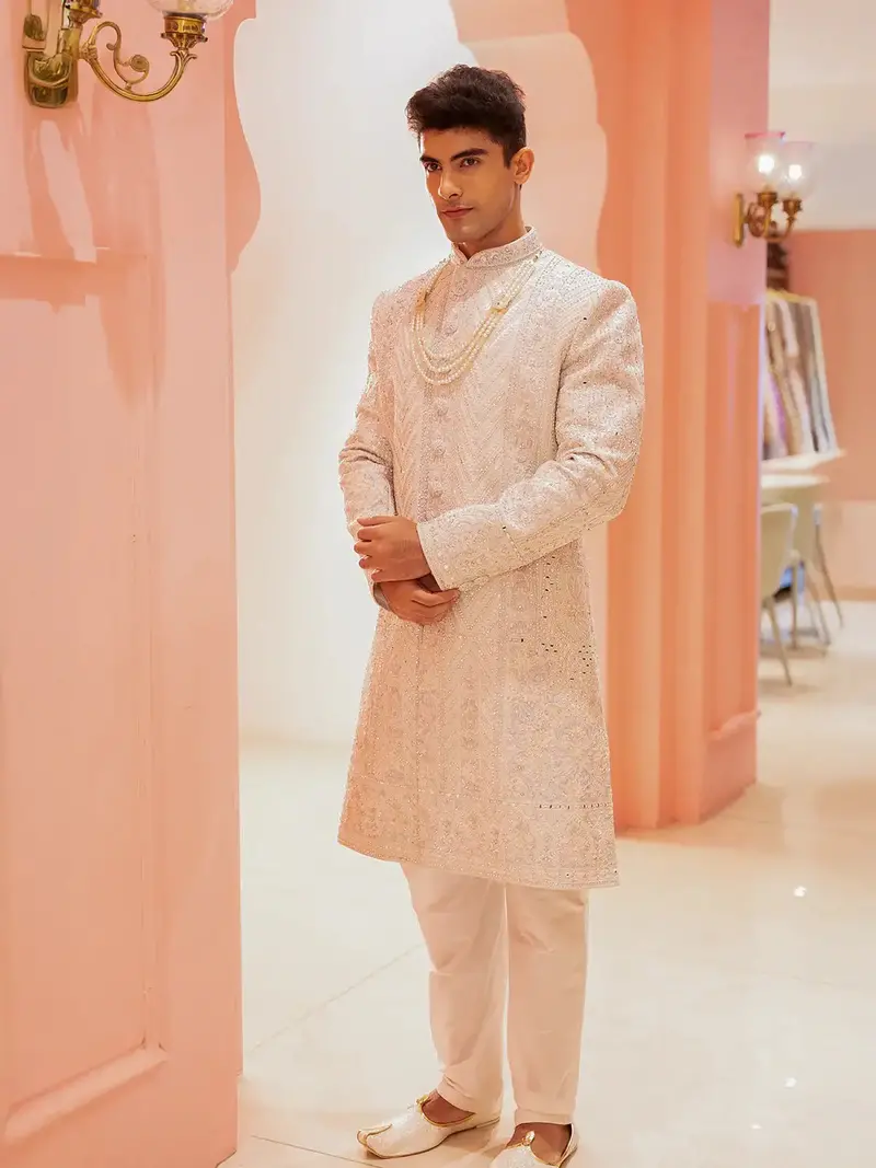 Cream Floral Embroidered Cotton Sherwani Suit 1