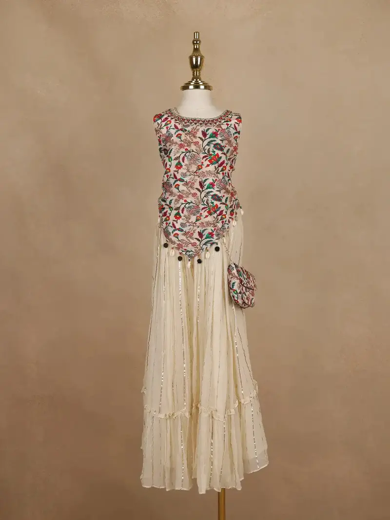 Cream Floral Embroidered Georgette Kids Palazzo Set With Sleeveless Top And Matching Purse 1