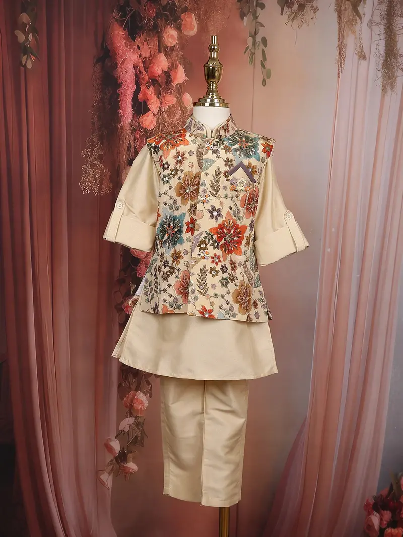 Cream Floral Embroidered Jacket Silk Kurta Set For Boys 1