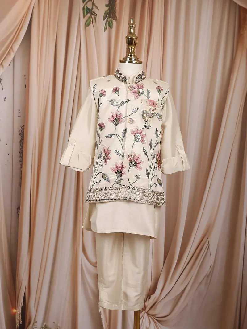Cream Floral Embroidered Jacket Silk Kurta Set For Boys 1