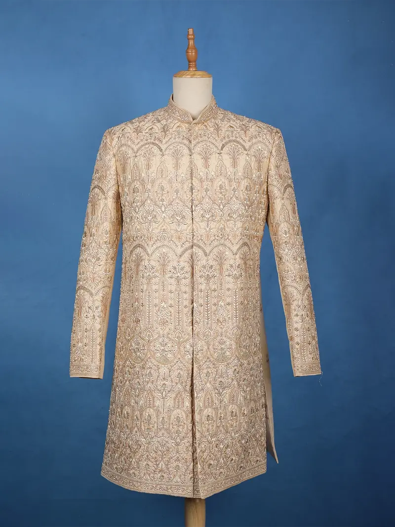 Cream Floral Embroidered Raw Silk Sherwani Suit 1