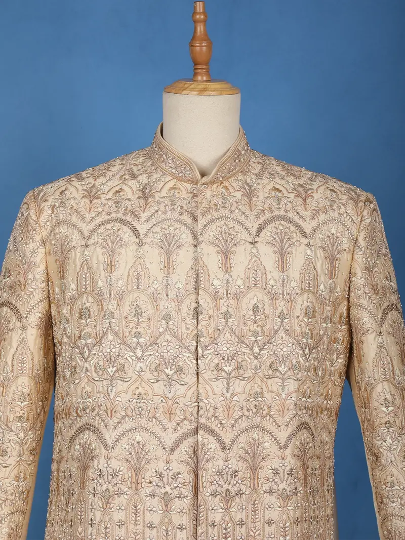 Cream Floral Embroidered Raw Silk Sherwani Suit 2
