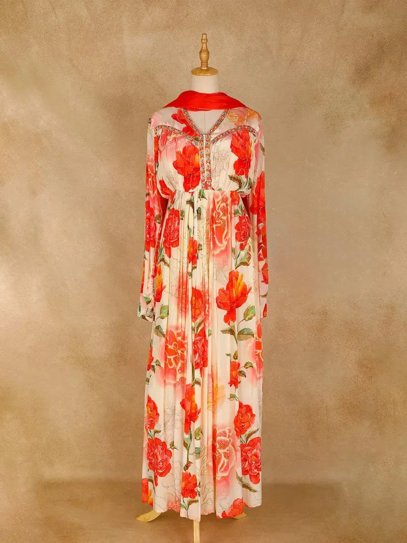 Cream Floral Printed And Embroidery Gown 1