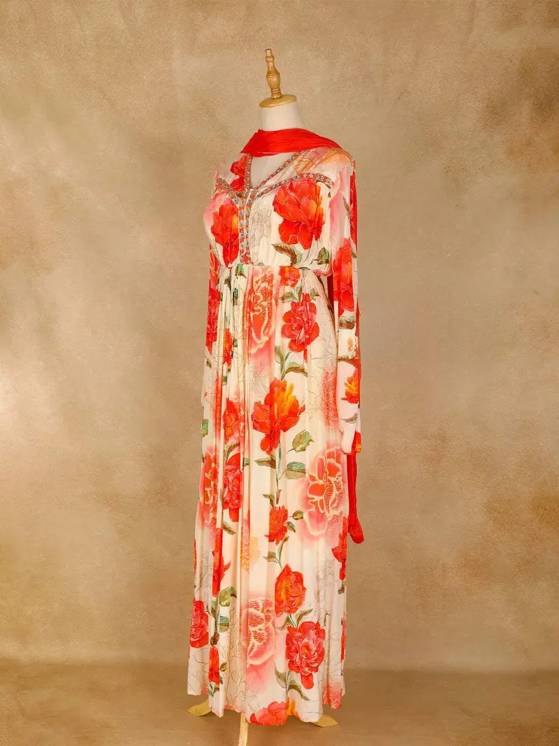 Cream Floral Printed And Embroidery Gown 2