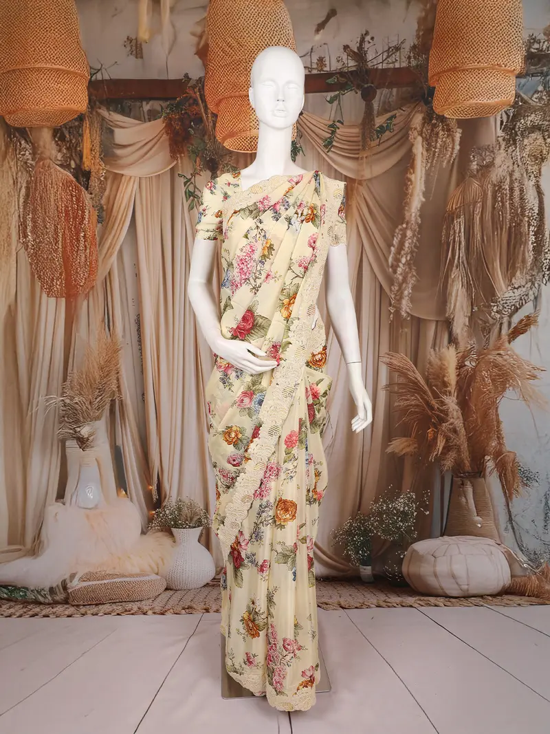 Cream Floral Printed Chiffon Saree With Lace Border 1