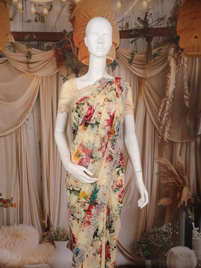 Cream Floral Printed Chiffon Saree With Scallop Border 1