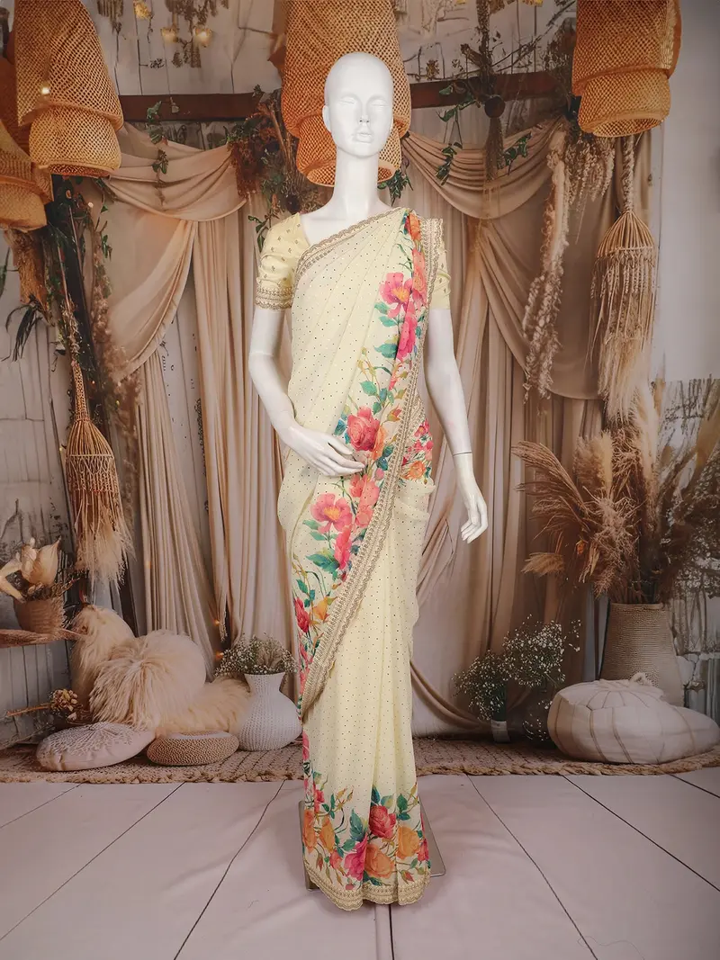Cream Floral Printed Chiffon Saree With Sequins Embroidered Border 1