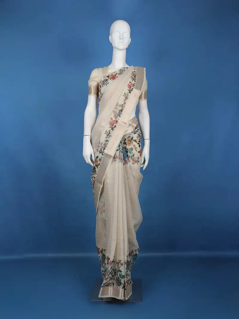 Cream Floral Printed Semi Tussar Saree With Zari Border 1