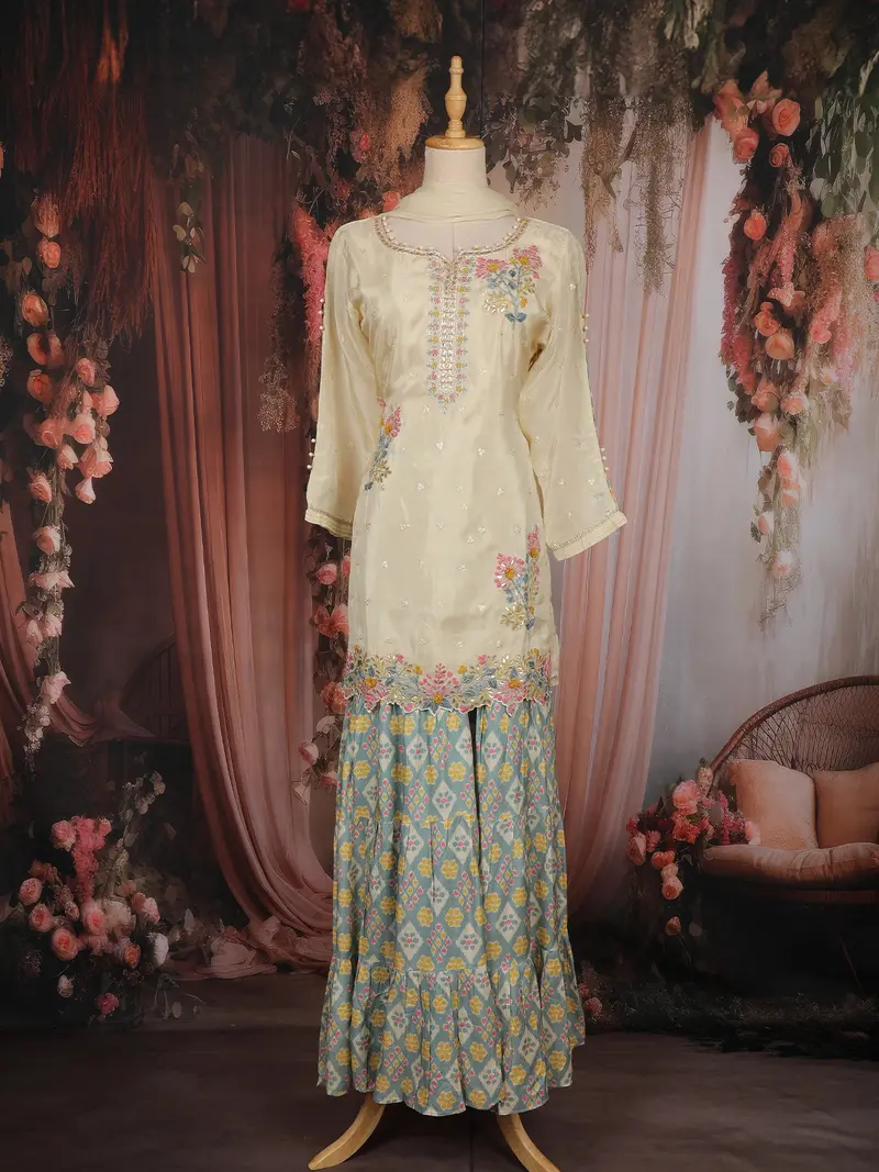 Cream Floral Thread And Sequins Embroidered Design Tissue Palazzo Suit 1