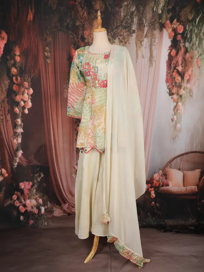 Cream Floral Thread Embroidered Design Tissue Palazzo Suit 1