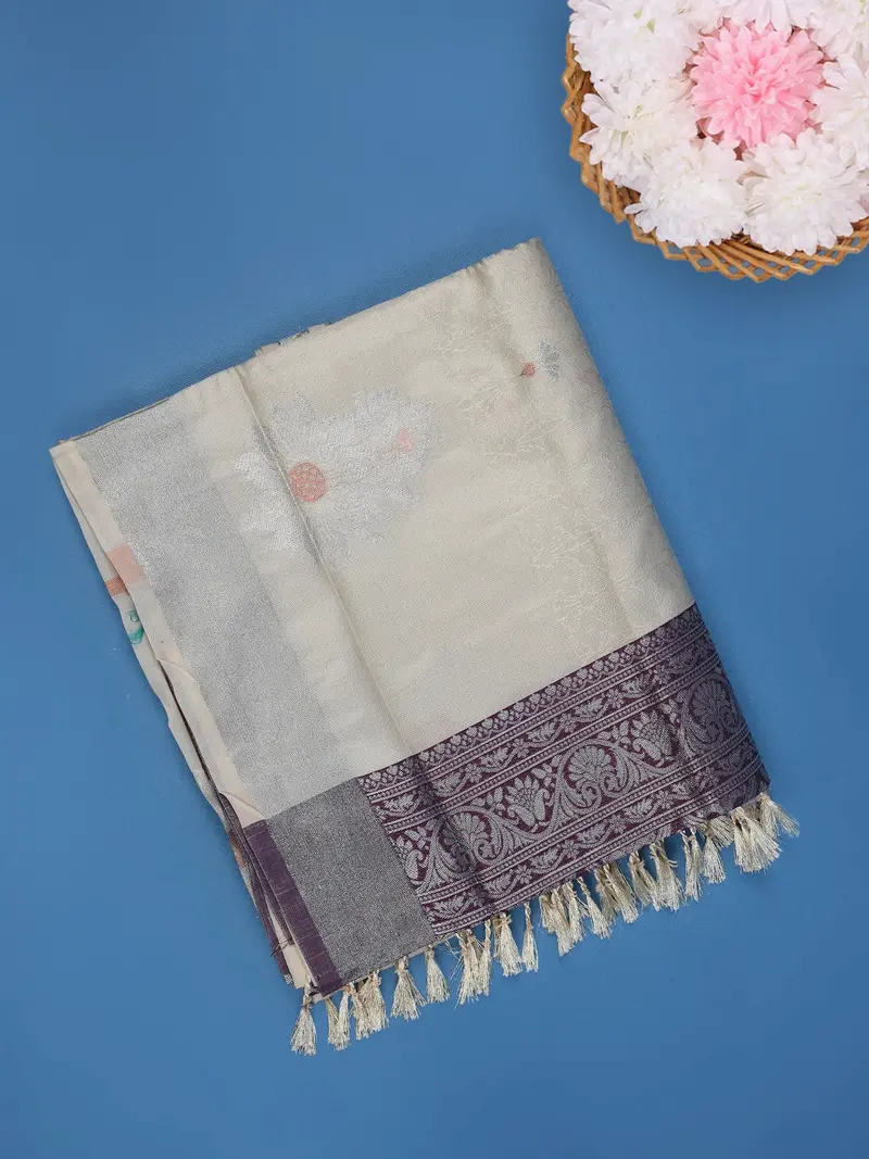 Cream Floral Woven Art Silk Saree With Contrast Silver And Purple Zari Border 1