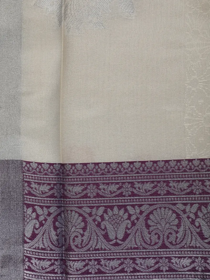 Cream Floral Woven Art Silk Saree With Contrast Silver And Purple Zari Border 2