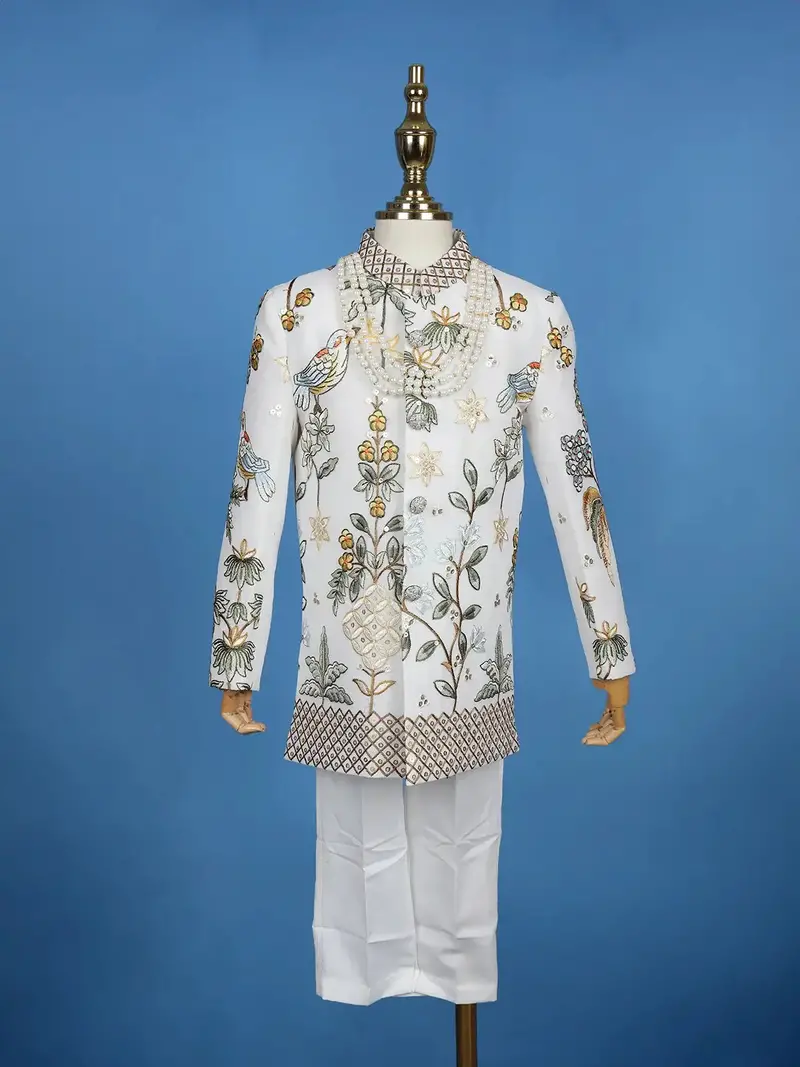 Cream Georgette Floral Embroidery Sherwani And Pant Set 1
